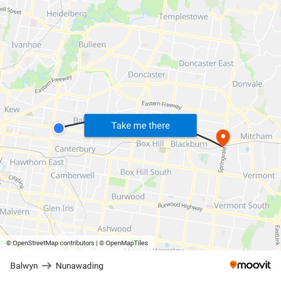 Balwyn to Nunawading map