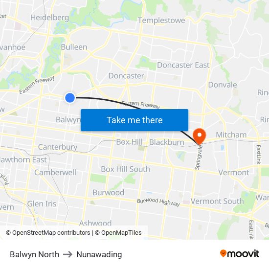 Balwyn North to Nunawading map