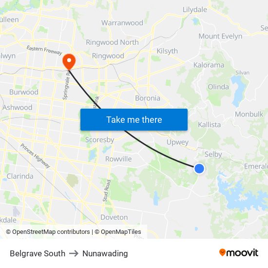 Belgrave South to Nunawading map