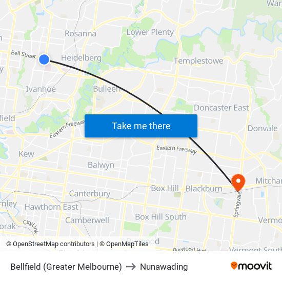 Bellfield (Greater Melbourne) to Nunawading map