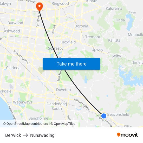 Berwick to Nunawading map