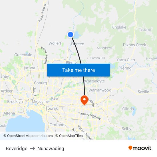 Beveridge to Nunawading map