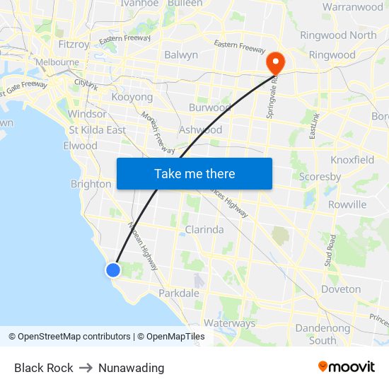 Black Rock to Nunawading map