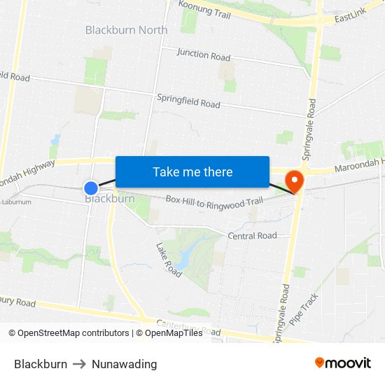 Blackburn to Nunawading map