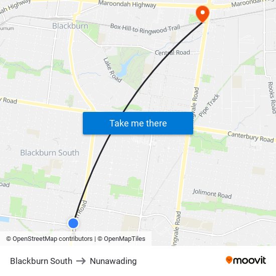 Blackburn South to Nunawading map