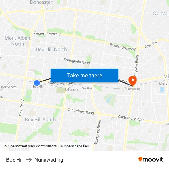 Box Hill to Nunawading map