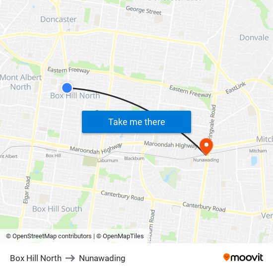 Box Hill North to Nunawading map