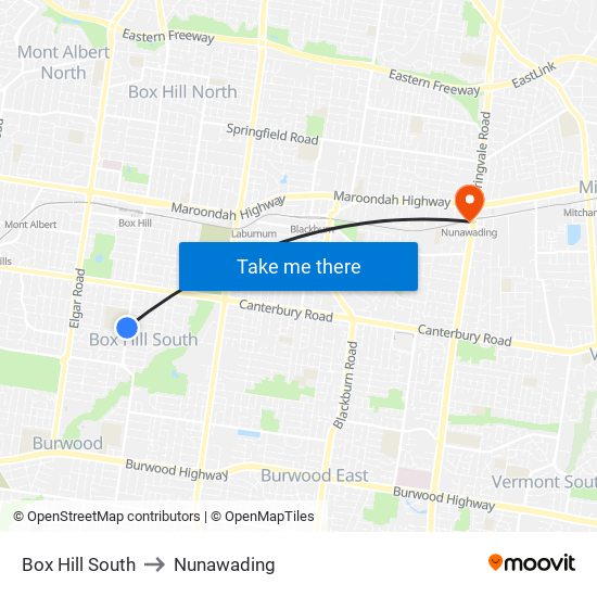 Box Hill South to Nunawading map