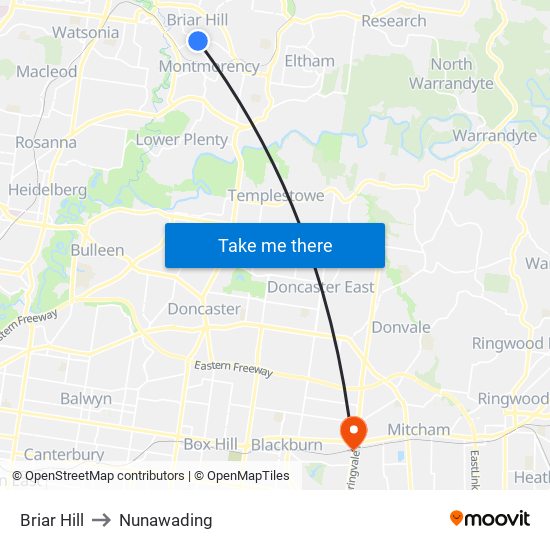 Briar Hill to Nunawading map