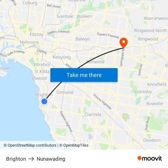 Brighton to Nunawading map