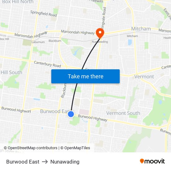 Burwood East to Nunawading map