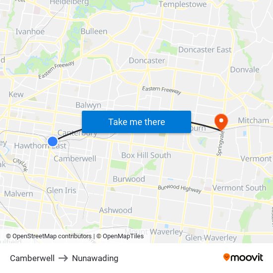 Camberwell to Nunawading map