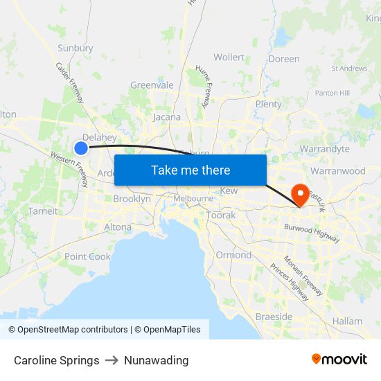 Caroline Springs to Nunawading map
