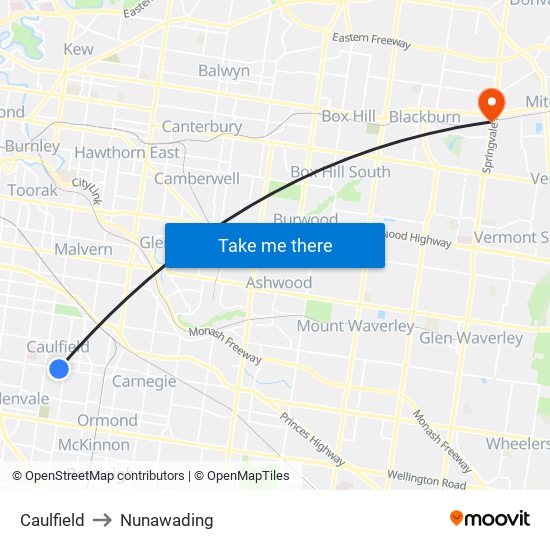 Caulfield to Nunawading map