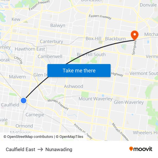 Caulfield East to Nunawading map