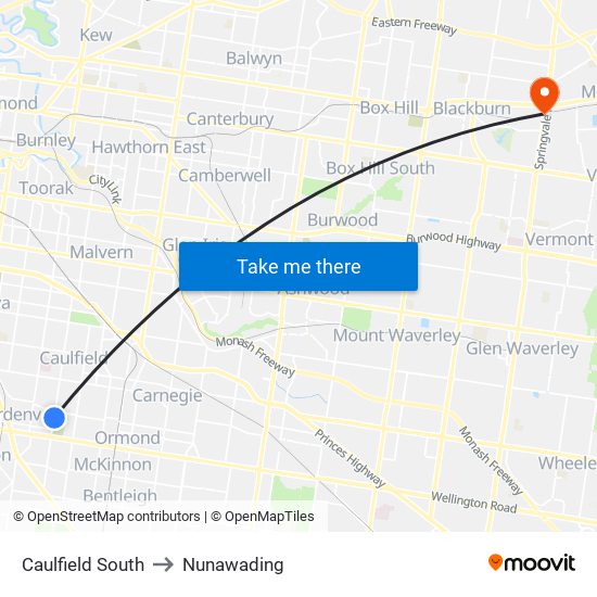 Caulfield South to Nunawading map