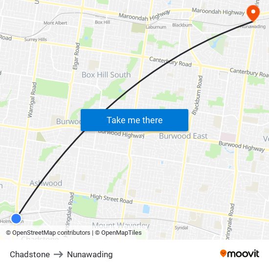 Chadstone to Nunawading map