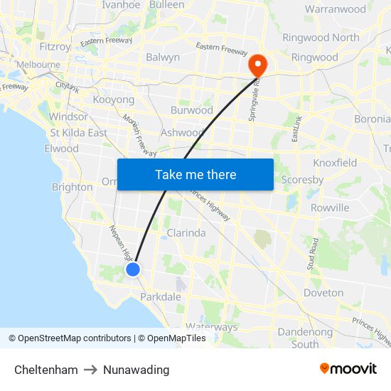 Cheltenham to Nunawading map