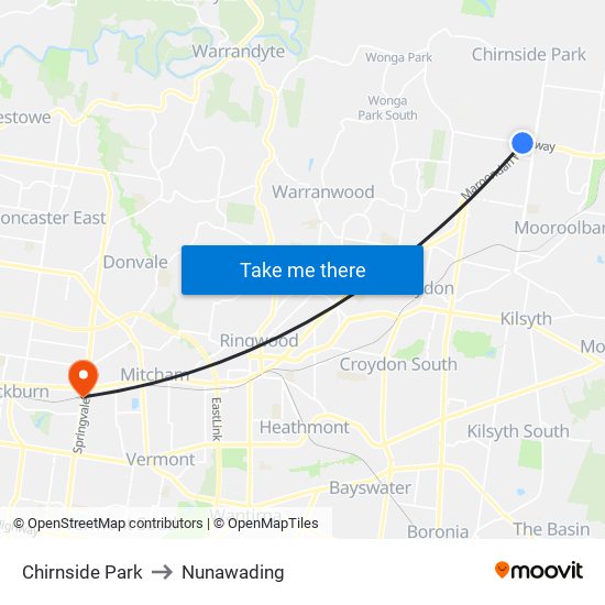 Chirnside Park to Nunawading map