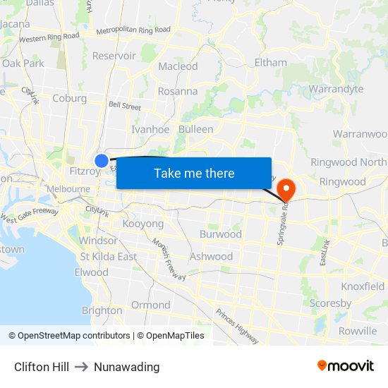 Clifton Hill to Nunawading map