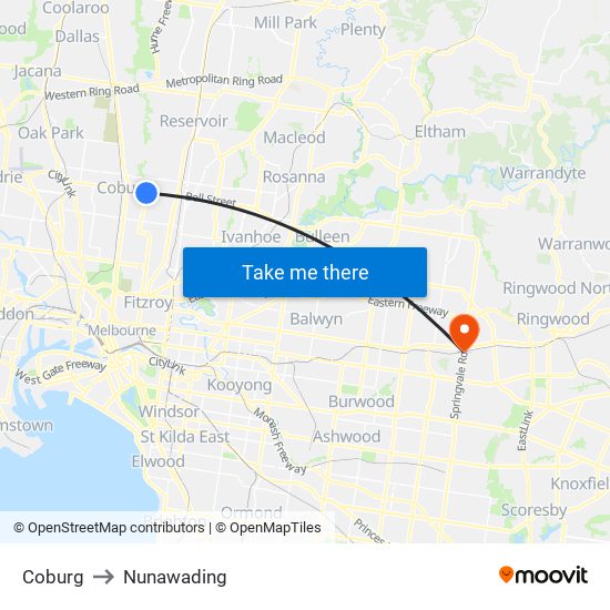 Coburg to Nunawading map