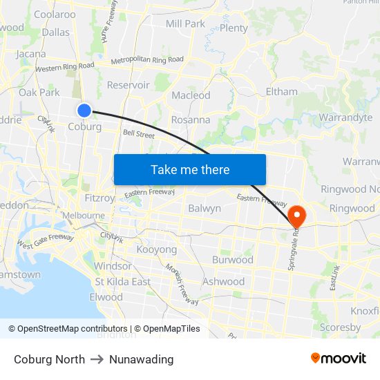 Coburg North to Nunawading map