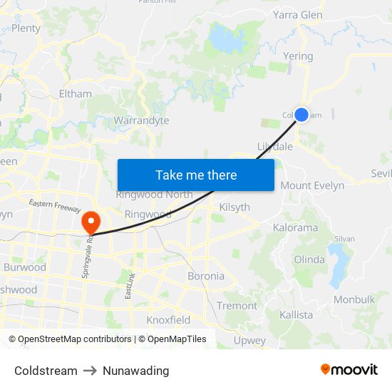 Coldstream to Nunawading map