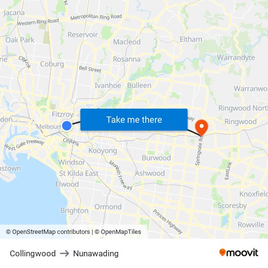 Collingwood to Nunawading map