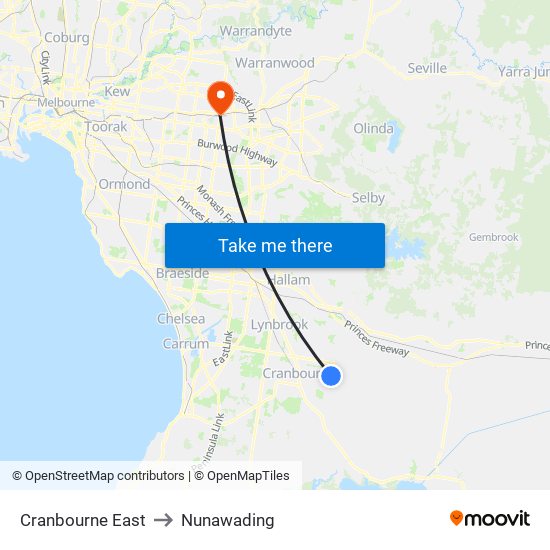 Cranbourne East to Nunawading map