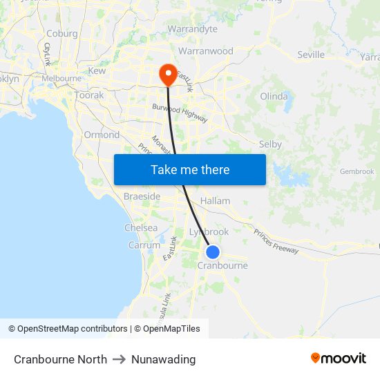 Cranbourne North to Nunawading map