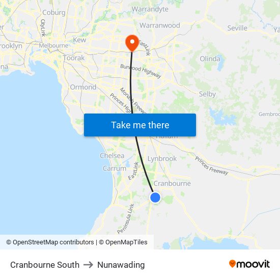Cranbourne South to Nunawading map