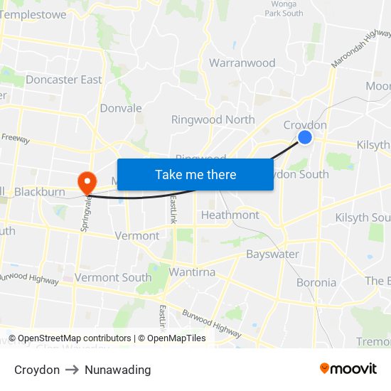 Croydon to Nunawading map