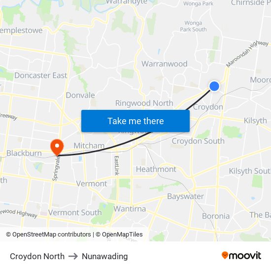 Croydon North to Nunawading map
