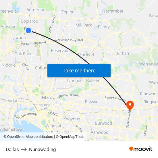 Dallas to Nunawading map
