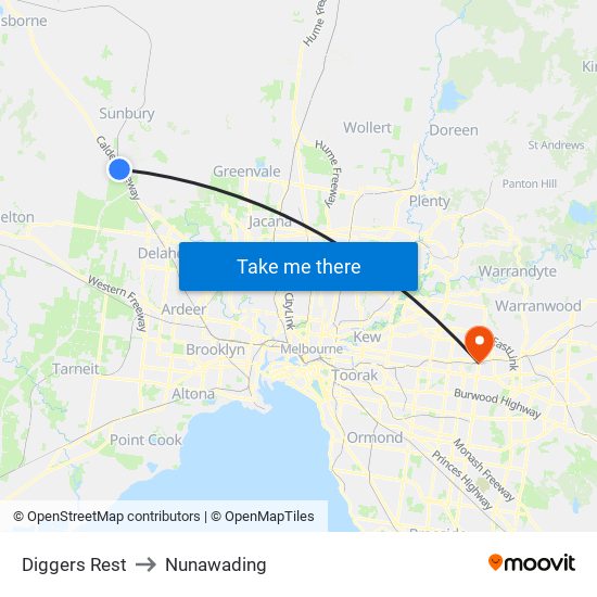 Diggers Rest to Nunawading map