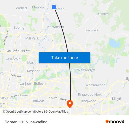 Doreen to Nunawading map