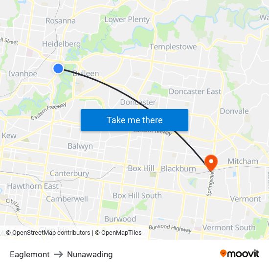 Eaglemont to Nunawading map