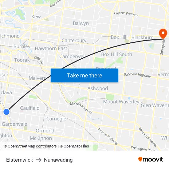 Elsternwick to Nunawading map