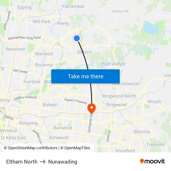 Eltham North to Nunawading map