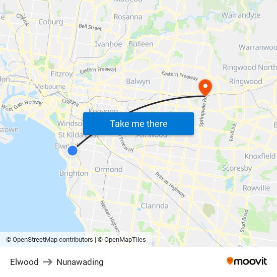 Elwood to Nunawading map