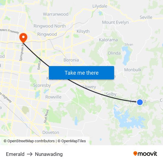 Emerald to Nunawading map