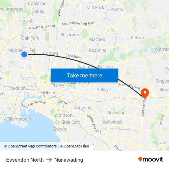 Essendon North to Nunawading map