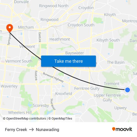 Ferny Creek to Nunawading map