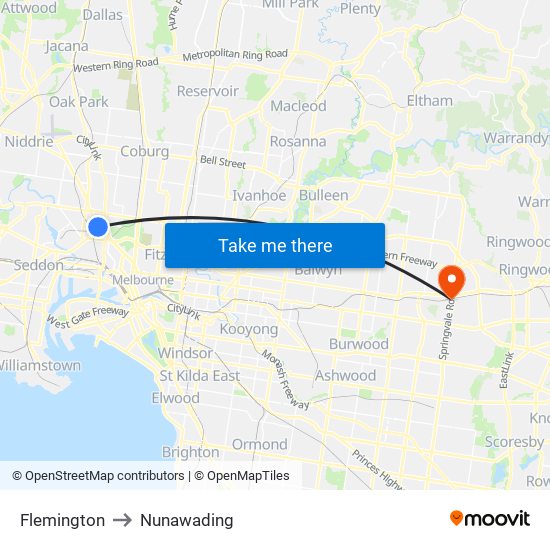 Flemington to Nunawading map