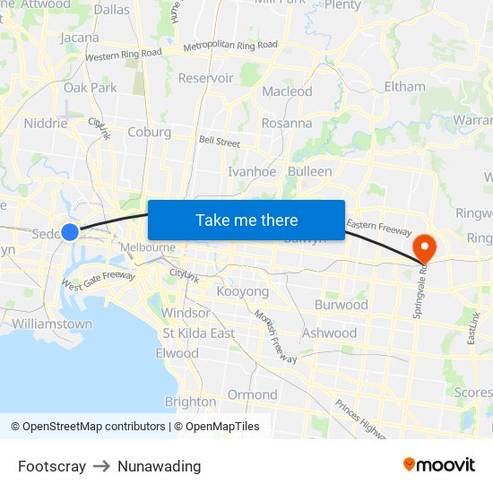 Footscray to Nunawading map