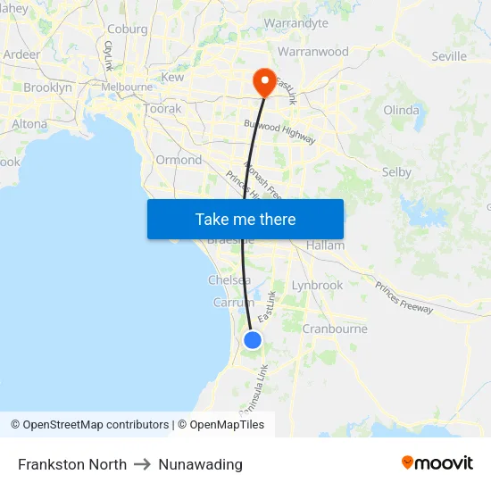 Frankston North to Nunawading map