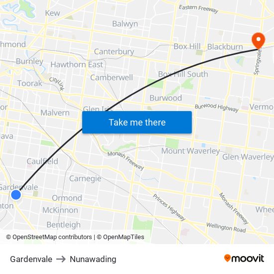 Gardenvale to Nunawading map