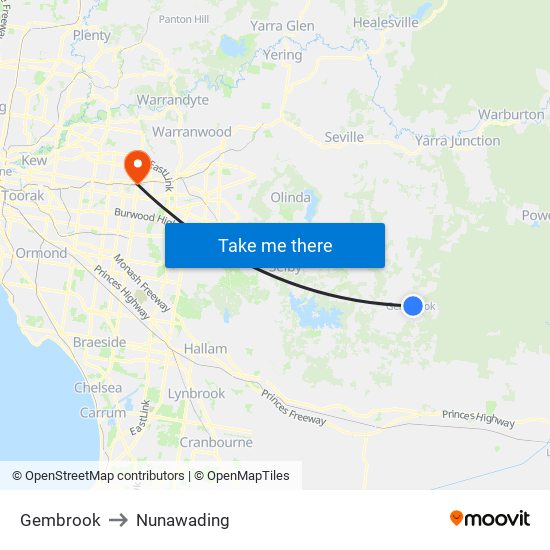 Gembrook to Nunawading map