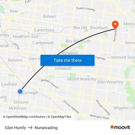 Glen Huntly to Nunawading map