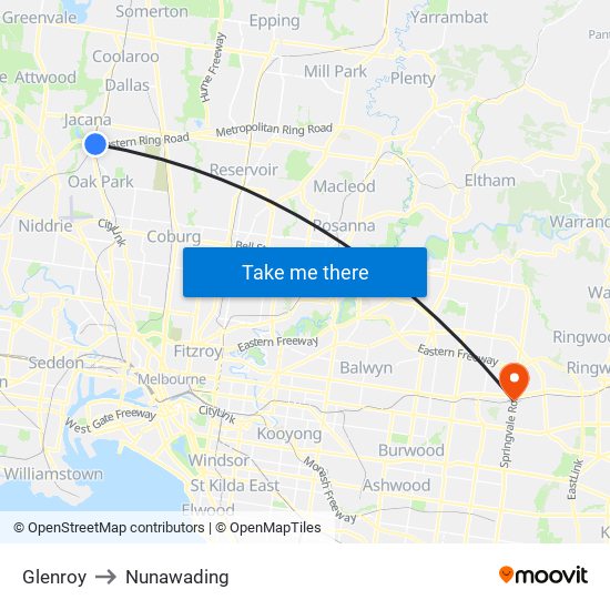 Glenroy to Nunawading map